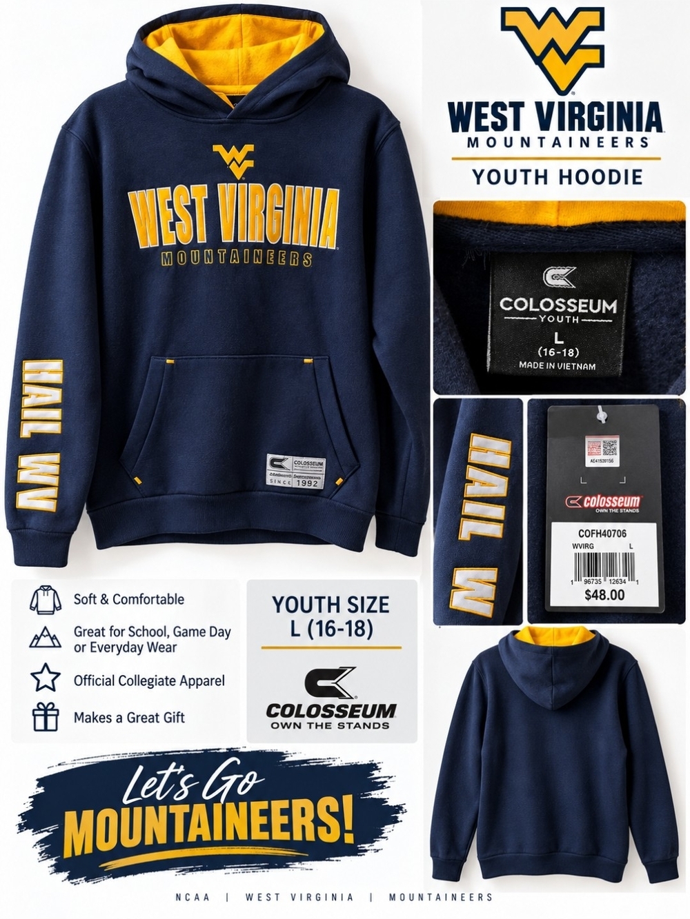 Colosseum West Virginia Mountaineers Navy and Gold Crewneck Hoodie